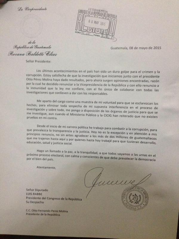 Carta Renuncia de Roxana Baldetti