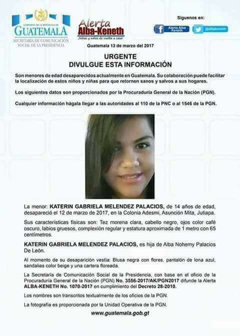 Katerinne Gabriela Meléndez Palacios de 14 años de edad