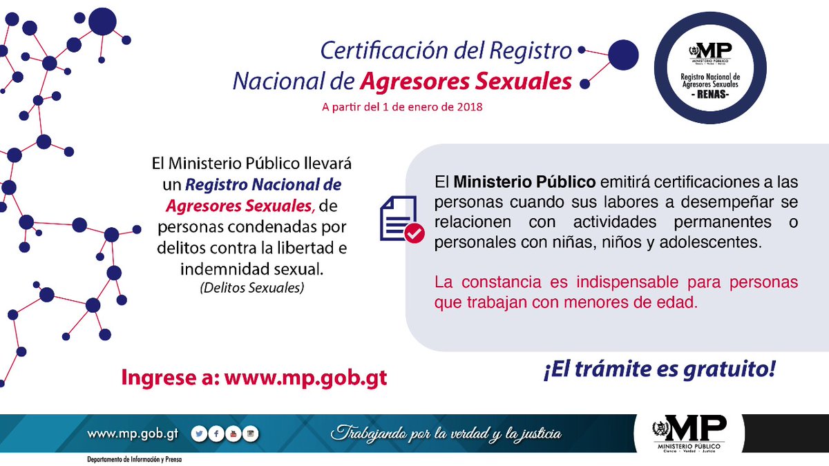 El Ministerio Público emitirá certificación del Registro Nacional de Agresores Sexuales