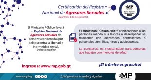 El Ministerio Público emitirá certificación del Registro Nacional de Agresores Sexuales