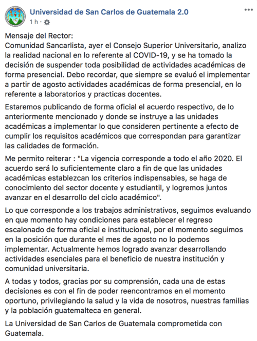Universidad de San Carlos de Guatemala no tendrá actividad presencial este 2020